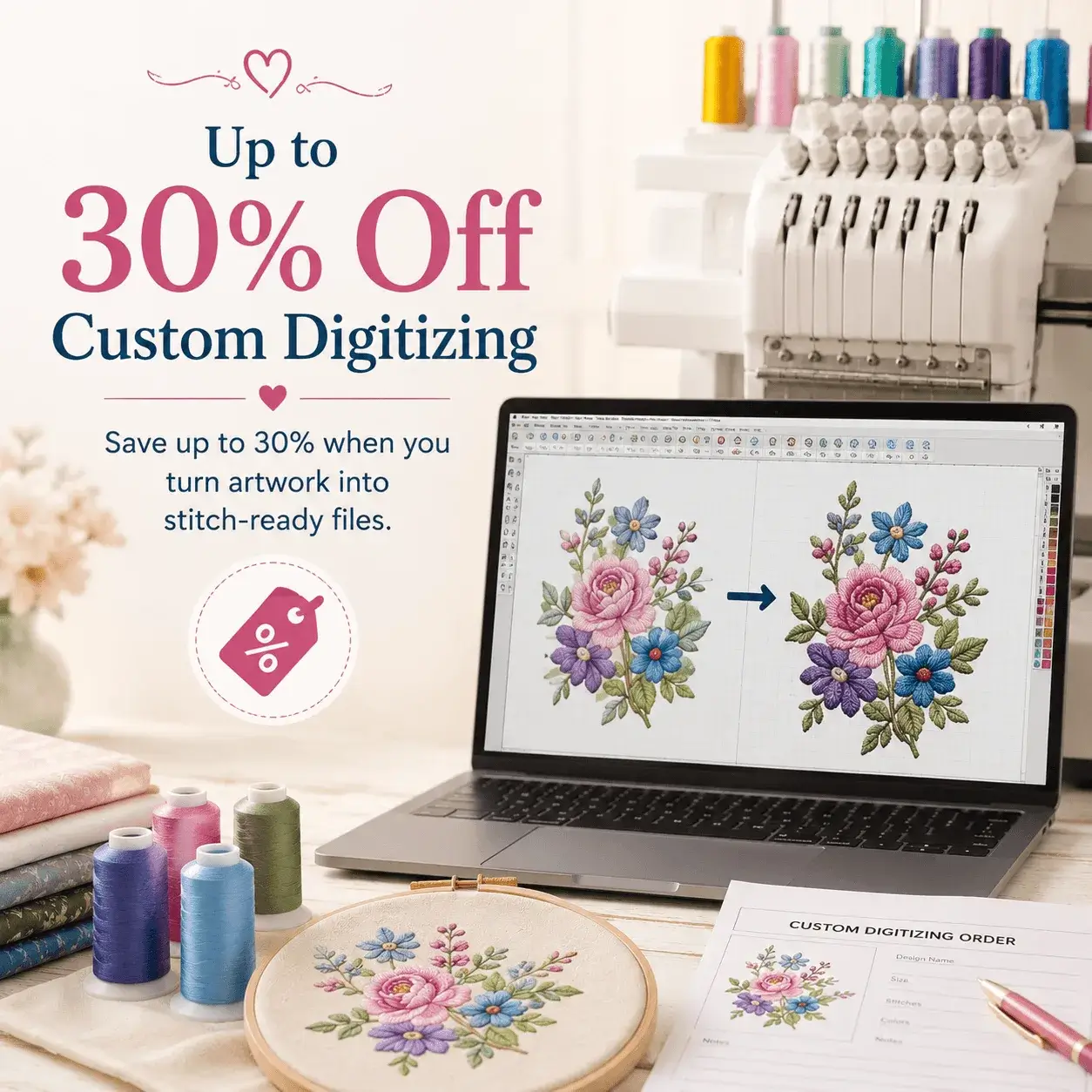 Up to 30% off custom digitizing for Ann's Club members